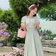 系带收腰连衣裙女夏褶皱泡泡袖显瘦中长裙2C276-L3440-P110-K155，女装连衣裙，2C276