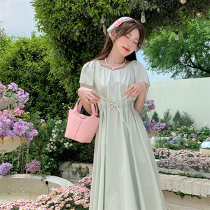 系带收腰连衣裙女夏褶皱泡泡袖显瘦中长裙2C276-L3440-P110-K155图片