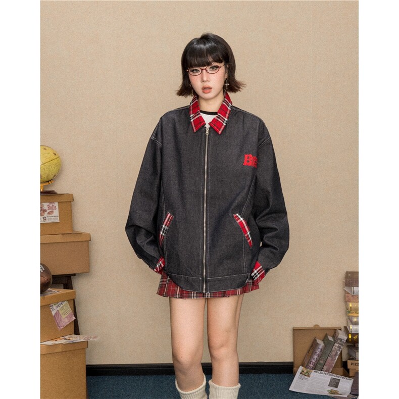 美式格子拼接牛仔外套女春秋季2025新款设计感vintage夹克上衣潮,男装工装外套,星座1210-1