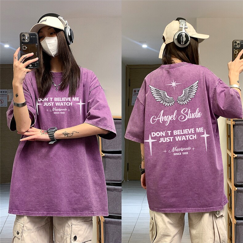 中性风水洗做旧美式夏季T恤男女学院风学生短袖翅膀印花,男装T恤,电商C306-1