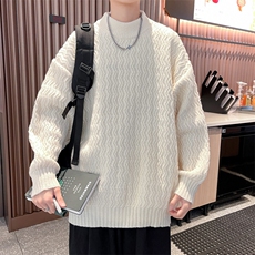 秋款男圆领套头毛衣波浪线条纹针织衫鹿毛绒打底外套M7307P50，男装针织衫/毛衣，星座1013-1