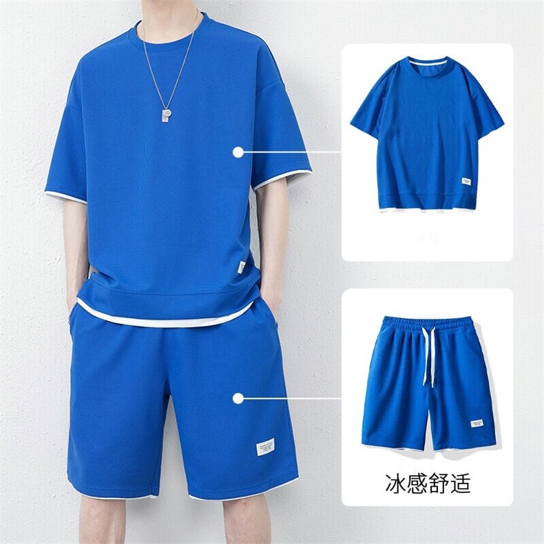 网图7536-P55男士夏季华夫格短袖短裤夏款男款休闲大码套装,男装牛仔裤,电商D310B-1