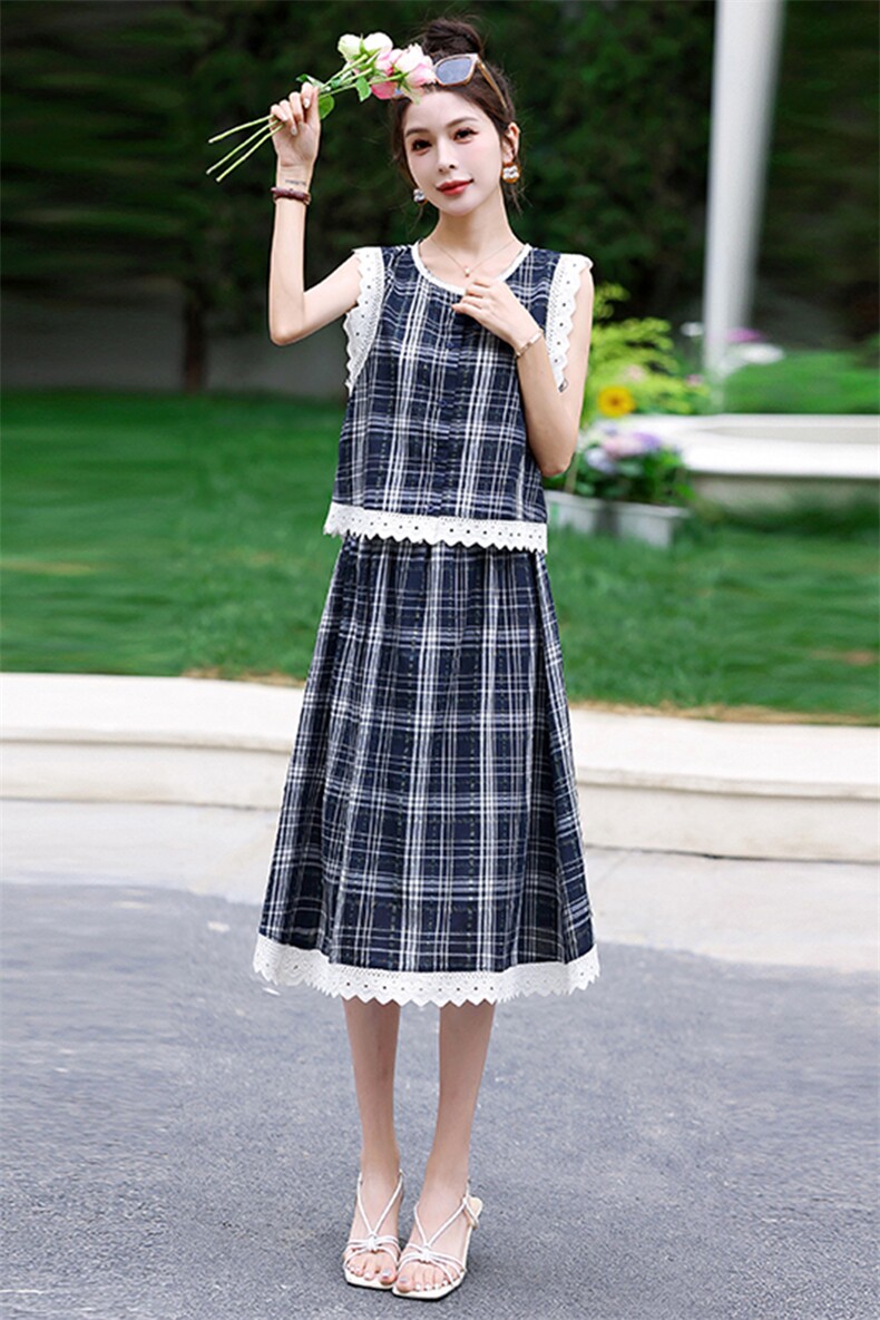 夏季新款小格子花边少女时尚清凉两件套连衣裙,女装套装/套裙,鑫慧
