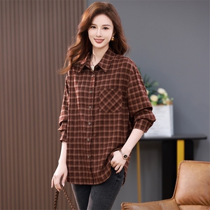 时尚格子宽松长袖衬衫女韩版休闲百搭上衣，女装衬衫，3200格调