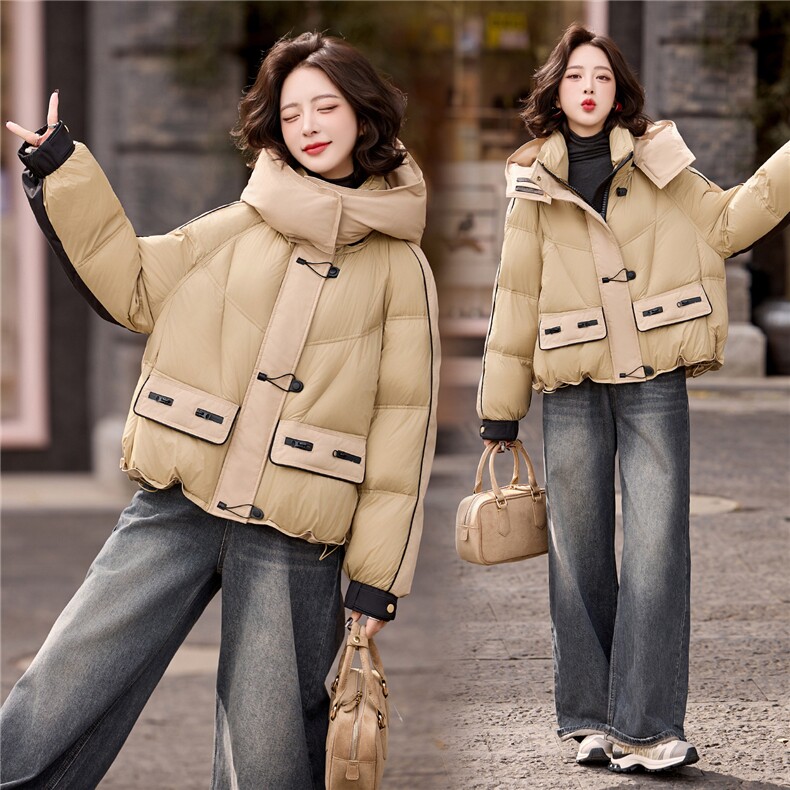 时尚拼接短款羽绒服女2025冬季新款宽松加厚小个子连帽外套,女装羽绒服,依多米