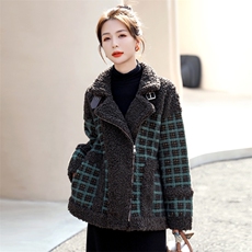 欧货羊羔毛外套女士加厚2025年冬季新款格子拼接百搭减龄大衣潮，女装棉衣/棉服，意芙