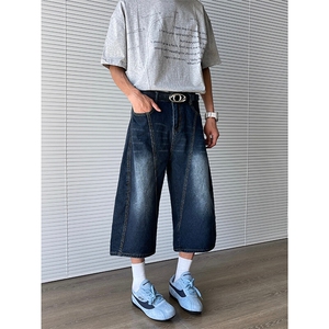 美式复古宽松弯刀七分牛仔裤男女夏季高街宽松阔腿裤潮DK0833-P45图片