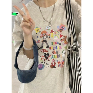T0755-P25 多彩趣味卡通印花纯棉T 宽松复古小众设计感短袖上衣图片