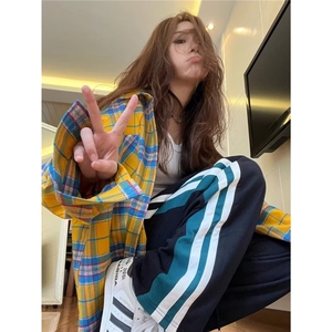 CS58-P30 黄色格子衬衫女2025新款春秋薄款oversize设计感小众图片