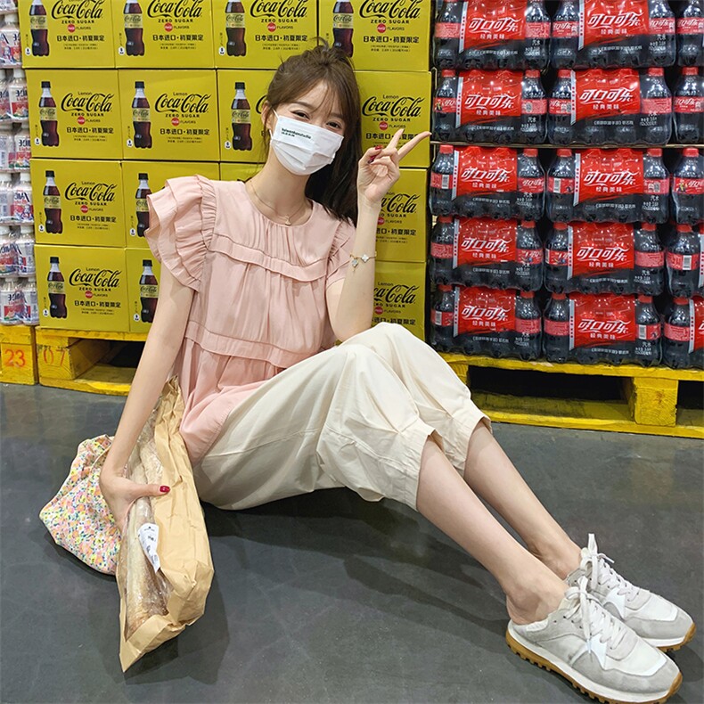 今年流行两件套女2025年夏季新款粉色飞飞袖小衫束脚裤小个子套装,女装套装/套裙,2C037