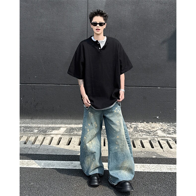 亨利领假两件短袖T恤男女夏季宽松休闲百搭半袖上衣T0255-P42,男装T恤,星座308B-1