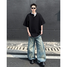 亨利领假两件短袖T恤男女夏季宽松休闲百搭半袖上衣T0255-P42，男装T恤，星座308B-1