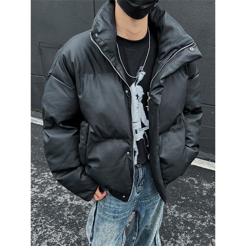 立领PU皮棉服宽松休闲百搭高级感棉衣纯色保暖外套MD8808-特价P70图片