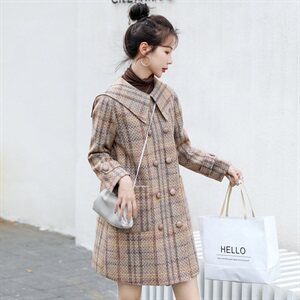 韩版时尚优雅格纹毛呢外套女秋冬季新款显瘦气质双排扣中长款大衣图片