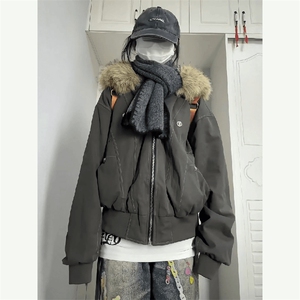 现货重磅boxy短款棉衣座山雕大毛毛领男女棉服水洗工装厚外套图片