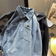 夏季短袖牛仔衬衫男ins潮牌港风日系小众设计感休闲宽松半袖外套，男装衬衫，星座601-2