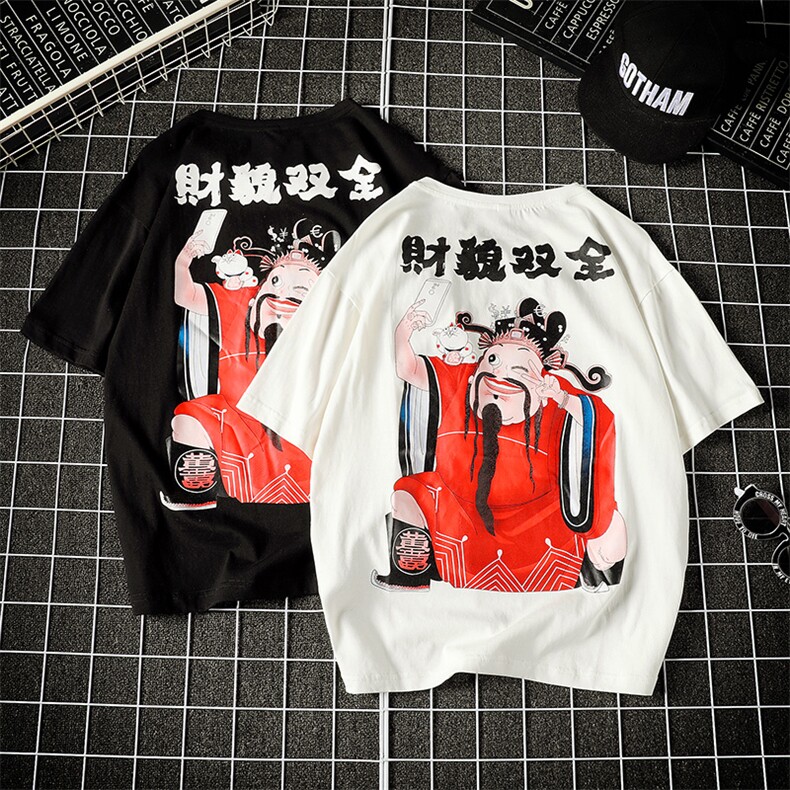 2021春夏新款日系网格潮流韩版宽松鲨鱼印花男装T恤T89-P35图片