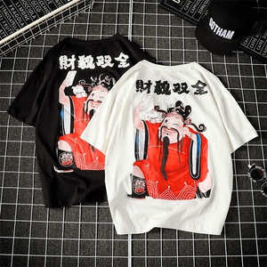 2021春夏新款日系网格潮流韩版宽松鲨鱼印花男装T恤T89-P35图片