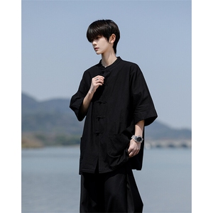 8XL-M 新中式衬衫男中山装麻棉风复古中袖衬衣唐装CS527P60图片
