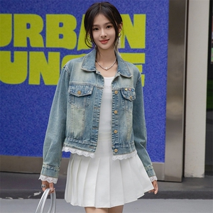 蕾丝拼接牛仔外套女2025春季新款韩版翻领小个子时尚夹克减龄上衣