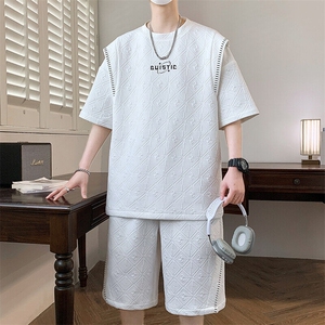 男士夏季潮牌拼接印花休闲运动五短裤套装潮流图片