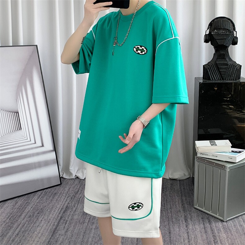 夏装港风潮创意印花短袖T恤两件套圆领套装男女8046-P78控价98,男装T恤,电商A441-1
