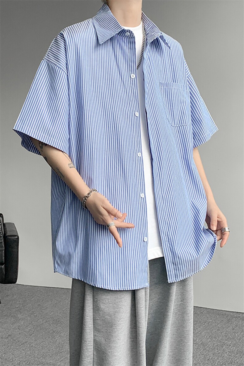 8XL-M条纹短袖衬衫男夏季宽松慵懒风痞帅大码衬衣外套DC28001P40,男装衬衫,电商B312