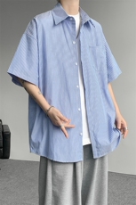 8XL-M条纹短袖衬衫男夏季宽松慵懒风痞帅大码衬衣外套DC28001P40，男装衬衫，电商B312