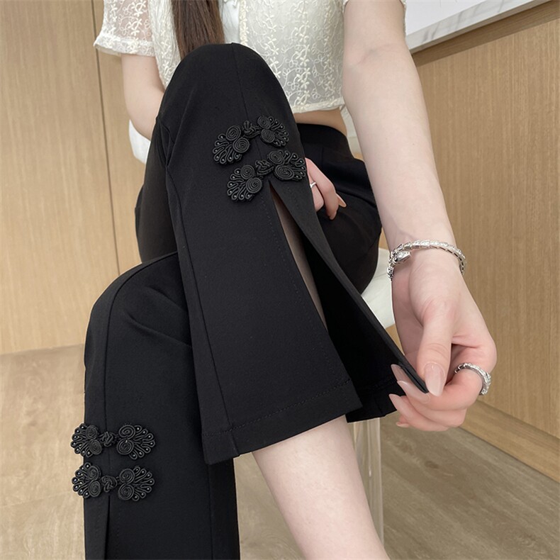 新中式2025年新款微喇叭裤春夏高腰显瘦小个子黑色九分开叉西装裤，女装休闲裤，云美莎专业女裤-全店现货