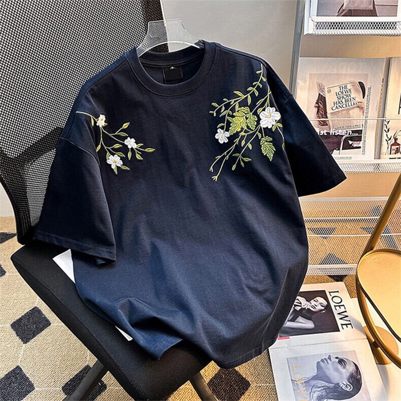 万针全刺绣工艺高品质260克纯棉双纱美式宽松百搭短袖T恤特P33,男装T恤,电商A486