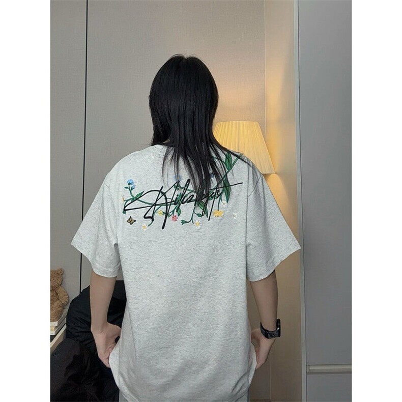 【有货】美式复古花体刺绣短袖t恤男白色白灰色 TX6162特P35图片