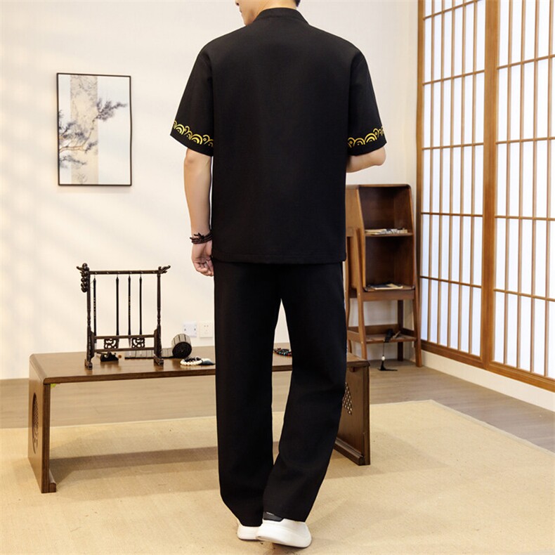 潮风套装男新中式短袖衬衫时尚休闲长裤两件套JZ303-P63,男装T恤,星座310B-3