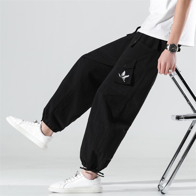 K289P35无影墙2024春夏季棉麻休闲仙鹤刺绣纯色宽松束脚裤哈伦裤，男装休闲裤，电商A026