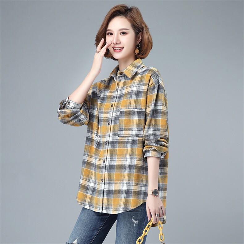 格子衬衫女长袖保暖冬2021春秋新款宽松加厚百搭打底衫衬衣多色可选，女装衬衫，伊满意