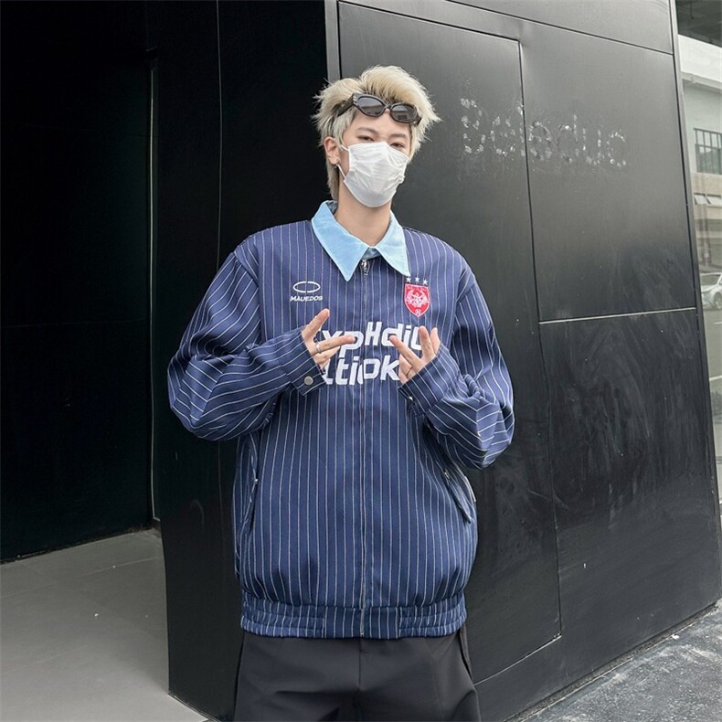 美式复古外套男女春秋宽松休闲白色条纹棒球服情侣装翻领夹克,男装夹克,星座1210-1
