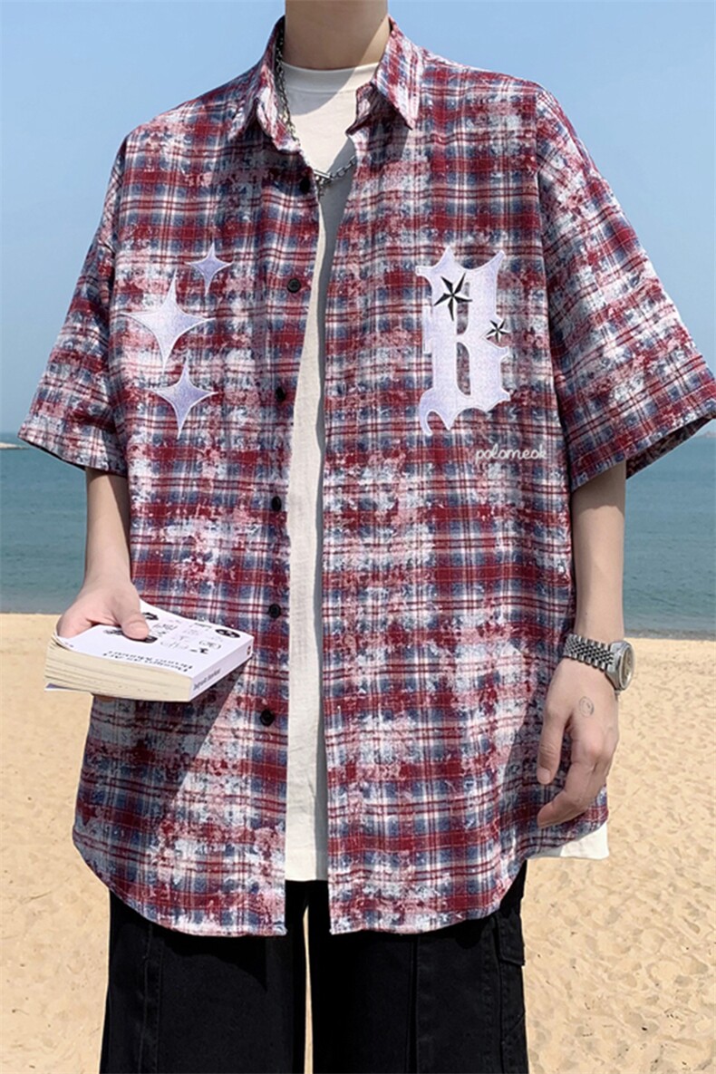 夏季新款港风美式扎染字母刺绣翻领格子宽松短袖衬衫男ZC742-P35,男装T恤,星座313A(原308A-2)