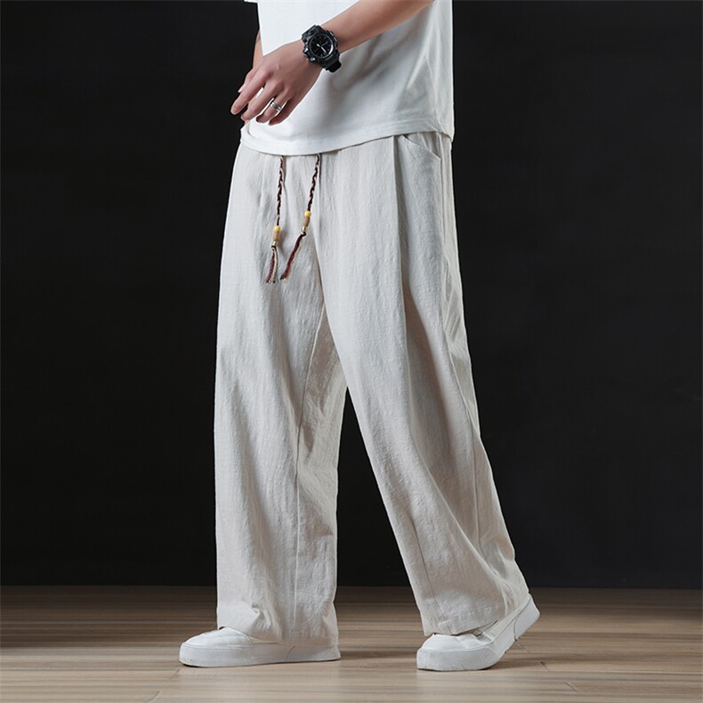 男士休闲棉麻长裤子2025春夏新款纯色简约宽松直筒长裤2405-P55图片