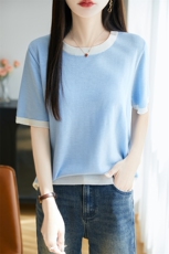 夏季新款韩版宽松短袖针织衫女圆领拼色百搭上衣，女装针织衫/毛衣，唐诺
