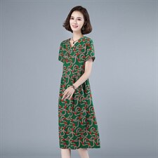 2021年夏季中长款A字裙通勤印花民族风韩版短袖套头花色连衣裙，女装连衣裙，伊满意