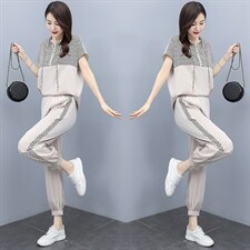 大量现货2023新款时尚印花拼接醋酸连帽修身显瘦套装,女装套装/套裙,奕薇雅