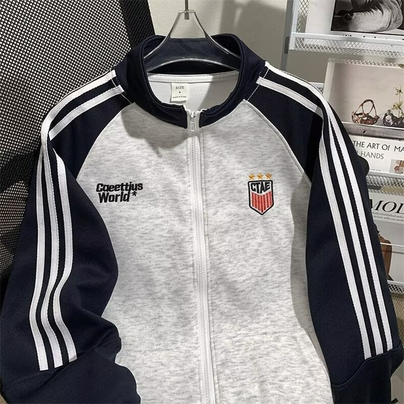 美式三条杠运动卫衣男秋潮撞色外套复古开衫棒球服上衣WY103P46,女装短外套,星座1013-5