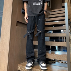 XZ221-1/K1503/P552025春款美式高街工装绑带微喇叭休闲牛仔裤，男装牛仔裤，星座221-1