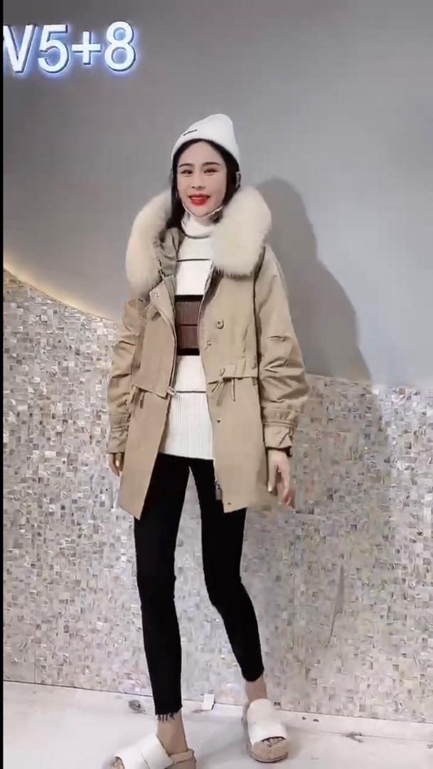 2021冬季新款时尚真狐狸毛领可拆卸袖抽褶皮草派克服,女装皮草,L·H·X