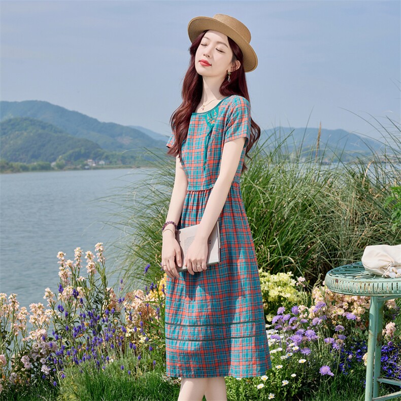 纯棉格纹气质连衣裙女2026夏季新款母亲节送礼高级感透气刺绣裙子,女装连衣裙,水衣源