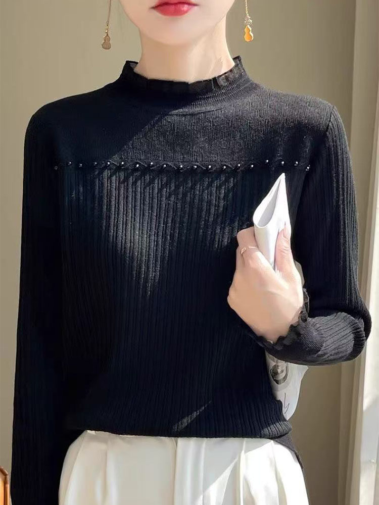 蕾丝花边荷叶领打底衫女2025新款秋冬内搭洋气减龄钉珠小香风上衣,针织衫/毛衣,萱芳婷羊绒