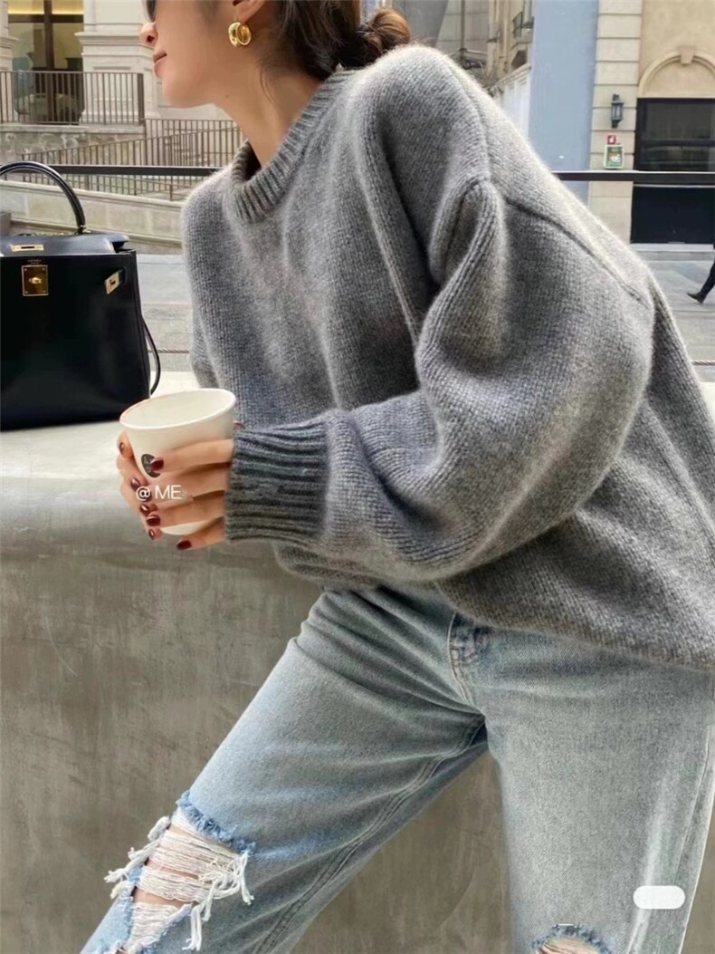 毛衣女早秋季圆领宽松慵懒风纯色内搭打底针织衫上衣,女装羊毛衫,思途羊绒