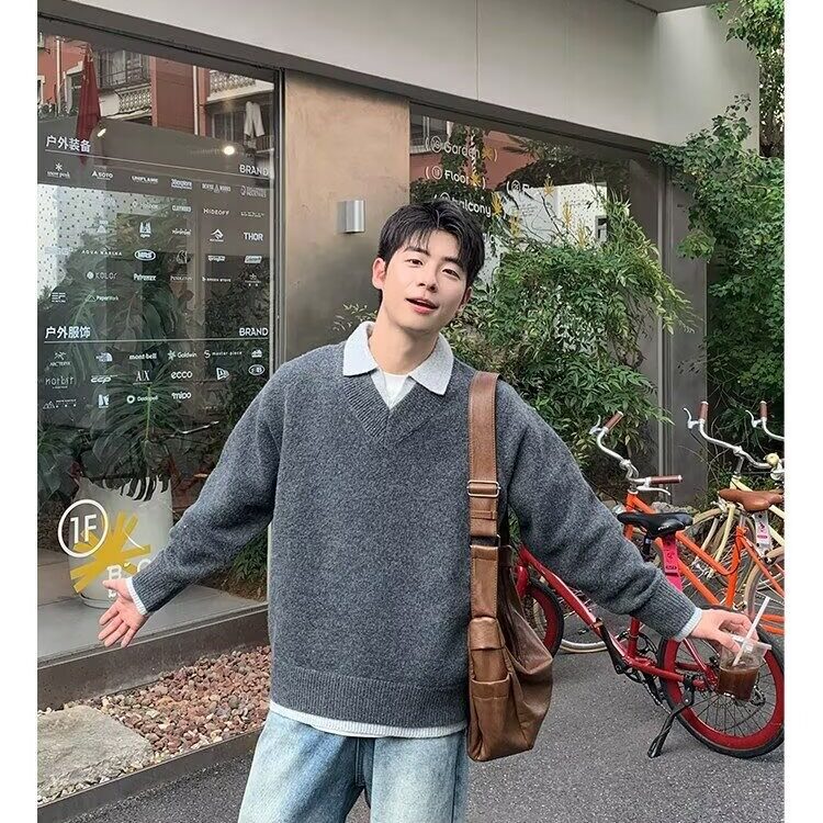2026秋冬季韩系复古加厚假两件polo领针织衫宽松保暖休闲男女毛衣,男装针织衫/毛衣,星座506A