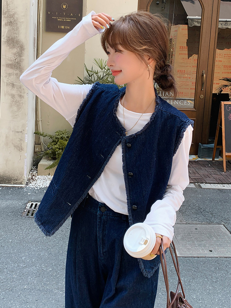 韩系蓝色小香风牛仔套装女2025春季新款时尚休闲马甲阔腿裤两件套,女装套装/套裙,浙宝305