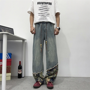水洗做旧重工拼接牛仔裤新款潮流宽松休闲阔腿裤