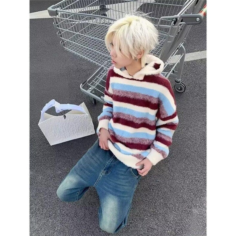 美式复古蓝白条纹连帽毛衣男女秋冬季慵懒风撞色高级感情侣针织衫,男装针织衫/毛衣,星座506A